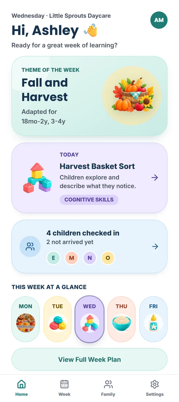 Daycare Copilot Home screen: this week's theme, today's activity and the week at a glance