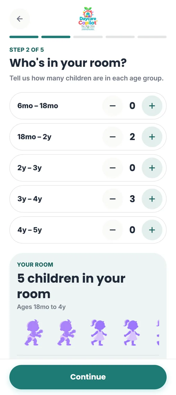 Onboarding step: who is in your room, with a counter for each age group