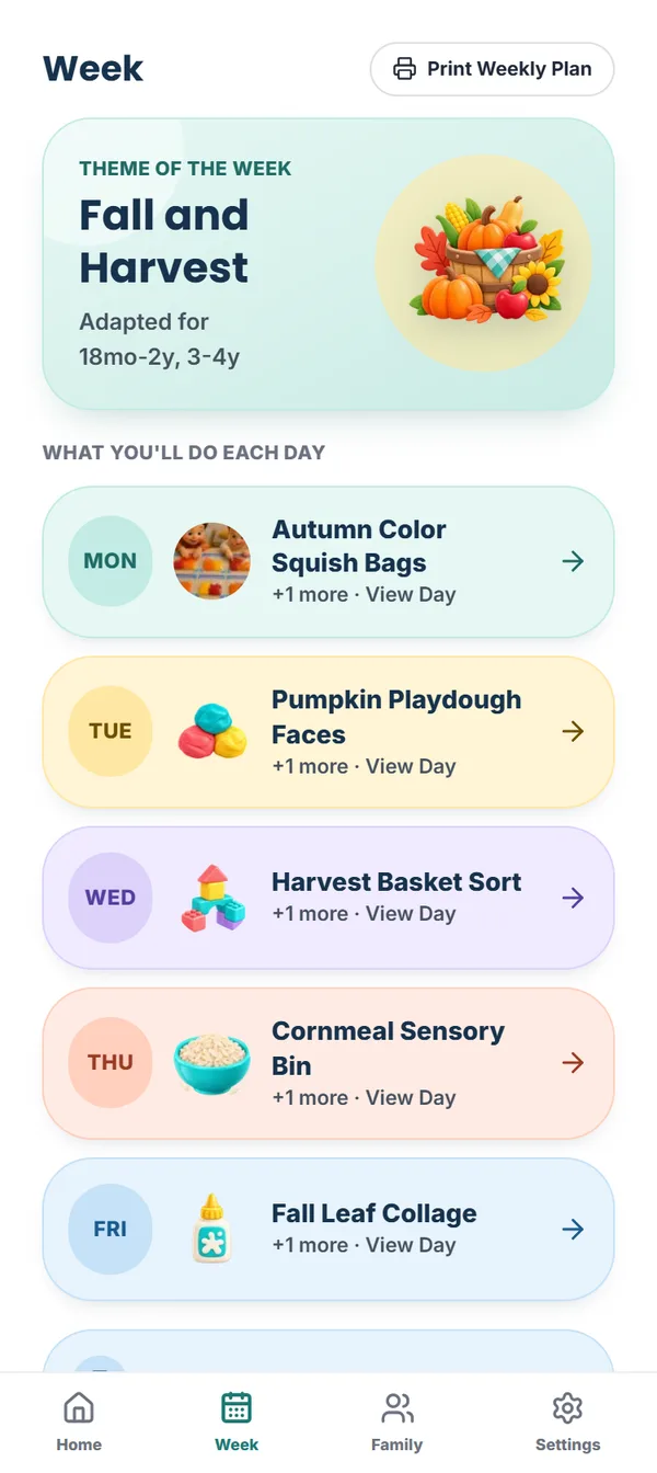 Week screen: the theme of the week and one color-coded card per day